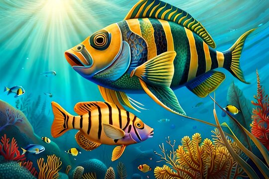 golden fishes in sea water generated AI