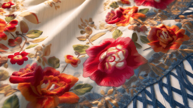 Spanish traditional Manton de Manila silk shawl close-up, created with AI tools