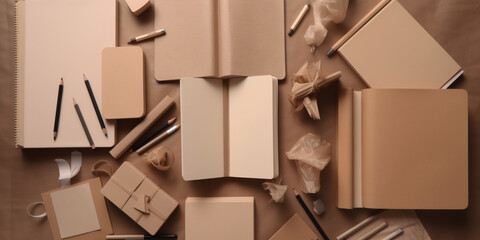 Obraz premium Generative AI, top view of empty sheets of paper, pencils, notepads, stationery, beige shades, pastel colors, layout, space for text, background, workplace, study, drawing