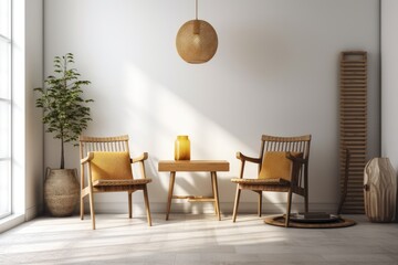 Living room design sample with two wooden chairs against a white wall and copy space. Generative AI