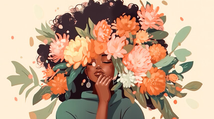 Illustration with a black woman in flowers, generative AI.