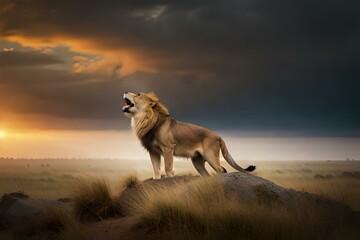 Obraz na płótnie Canvas lion in the sunset generated AI