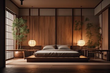 Japanese style bedroom with tatami mat flooring, plants, and decorative lamps on the wall. rednering. Generative AI