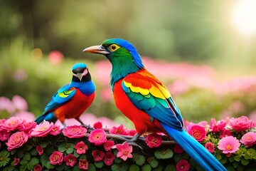 Fototapeta na wymiar beautiful birds on branch generated AI