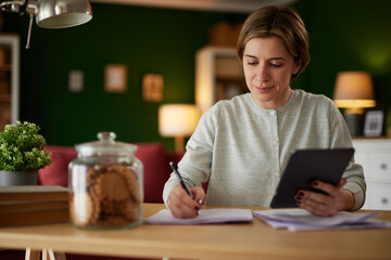 Women using digital tablet to check her finances at home office