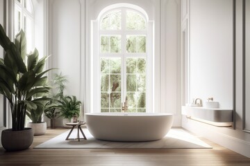 Fototapeta na wymiar Large white bathtub, wooden floor, white walls, and a potted plant in a luxurious resort spa or villa bathroom. Concept of self care and relaxation. a mockup. Generative AI