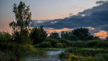 Green field with pond and beautiful summer sunset.