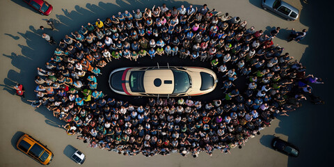 Large and diverse group of people seen from above gathered in the shape of a car - Generative AI