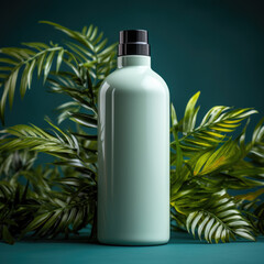 Shampoo and shower gel green bottle mockup with green fern at the background, mockup for design