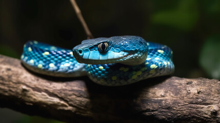Obraz premium Blue viper snake on branch with black background, generative AI.