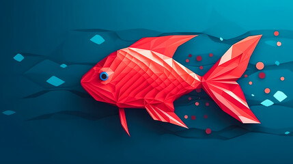 Red fish on a blue background, generative AI.