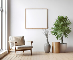 Gray armchair against of white wall with empty mock up poster frame. Scandinavian interior design of modern living room. Created with generative AI