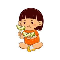 girl kids eating guava vector illustration