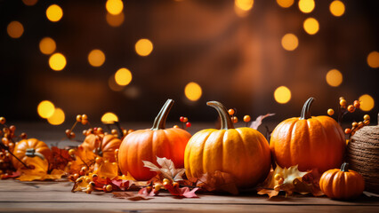 Thanksgiving rustic background with pumpkins empty space for text