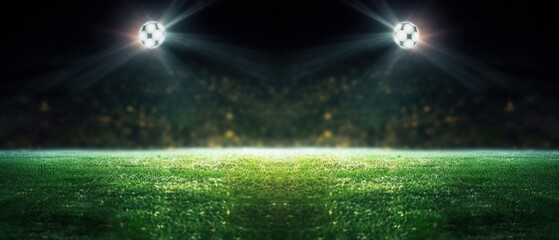 Stadium lights in the night. Green soccer field bright spotlights still life. generative ai