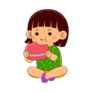 girl kids eating macaroon vector illustration