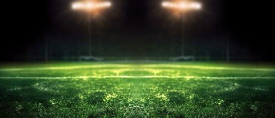 Fototapeta na wymiar Stadium lights in the night. Green soccer field bright spotlights still life. generative ai