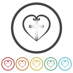  Religious cross and heart icon. Set icons in color circle buttons
