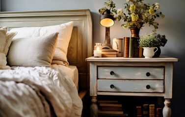Vintage nightstand with vases near bed. Farmhouse style interior design of modern bedroom. Created with generative AI