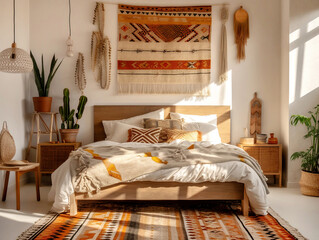 Moroccan wall hanging above wooden bed. Bohemian or eclectic interior design of modern bedroom. Created with generative AI