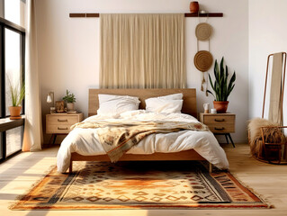 Eclectic or bohemian interior design of modern bedroom. Created with generative AI