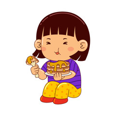 girl kids eating pancakes vector illustration