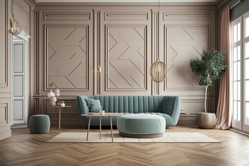 Interior with wall panels and a wooden floor in modern classic beige, blue, and pastel colors. mockup for an illustration. Generative AI
