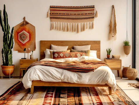 Textile with orient motifs. Moroccan or eclectic, bohemian interior design of modern bedroom. Created with generative AI