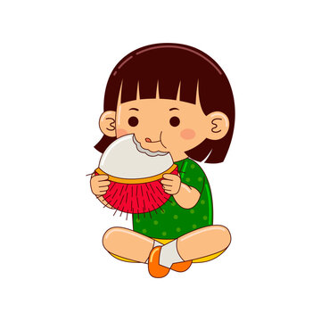 girl kids eating rambutan vector illustration