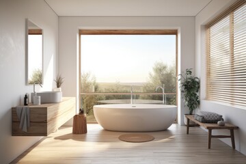 Fototapeta na wymiar Interior of white bathroom with sink and bathtub, stand, deck with accessories, and plant on hardwood floor. a large window with a view of the countryside. Canvas poster mockup. Generative AI