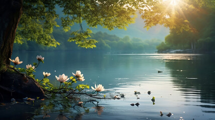 a beautiful lake with flowers in the fore - obrazy, fototapety, plakaty