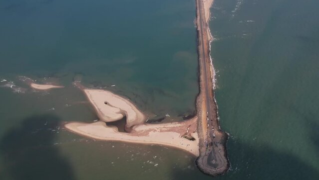 Drone view of last point of India at Dhanushkodi in Rameshwaram, India.