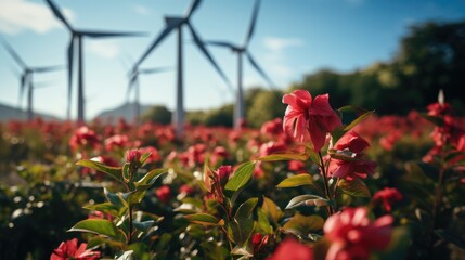 Fototapeta na wymiar Wind turbines standing tall against a sunset backdrop, symbolizing the powerful force of renewable energy. Generative AI