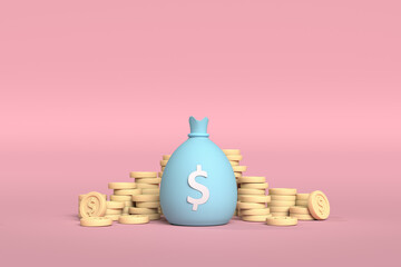 3D  Blue Money bag concept and coin on pink blackgound. 3d render illustration.