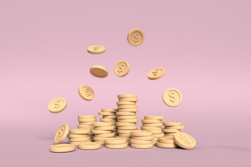 3D render Set of golden coin in different shape isolated on pink background. Symbol of gold and wealth. 3d illustration.