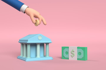 Hand putting coin to bank money, savings concept of growth.3d illustration