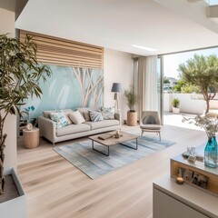 modern living room with a view of the coast Generative AI