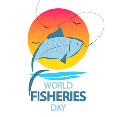 Fisheries Day World fish on the hook, vector art illustration.