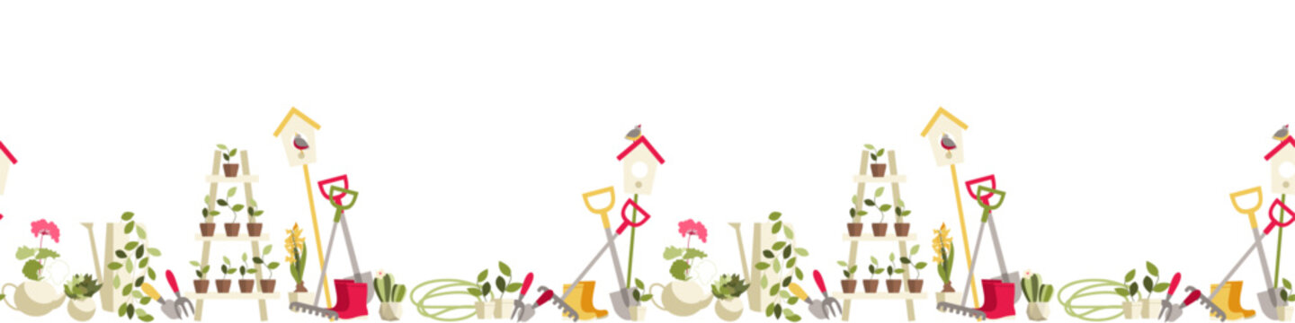 gardening. seamless vector border with gardening tools and potted flowers