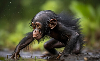 Adorable Bonobo Cub playing under the rain, cute portrait of pygmy chimpanzee. Amazing African Wildlife. Generative Ai