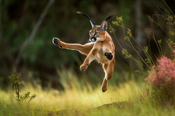 Funny image of an African Caracal exercising karate, kick in the air. Amazing African Wildlife. Generative Ai - 617123731