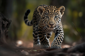 Fototapeta na wymiar Adorable young leopard cub in nature. Amazing Wildlife. Generative Ai