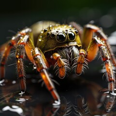 Fototapeta premium An intricately weaving spider, a symbol of Halloween, with its dew-glistened web against a soft-focus backdrop. Generative AI