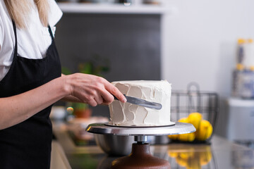 Professional confectioner spreading white sugar free mastic around baked cake with knife skilled...