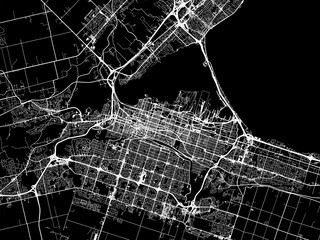 Vector road map of the city of  Hamilton Ontario in Canada with white roads on a black background.