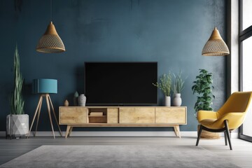 Interior of contemporary living room with blue wall and oak sideboard. cozy modern space with a TV stand and a chair. background in home design. Generative AI