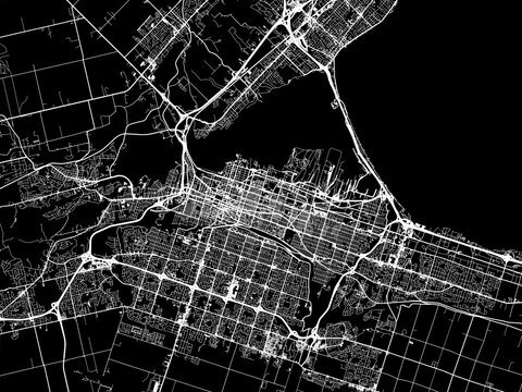 Vector road map of the city of  Hamilton Ontario in Canada with white roads on a black background.