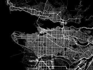 Vector road map of the city of  Vancouver British Columbia in Canada with white roads on a black background.