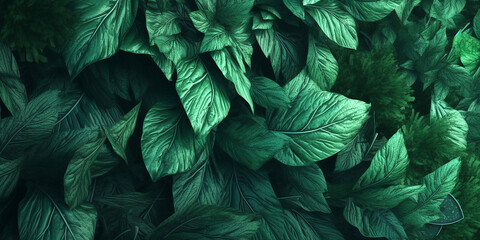 Floral background of bright green leaves or grass, in the rays of the sun and close-up. Generative AI