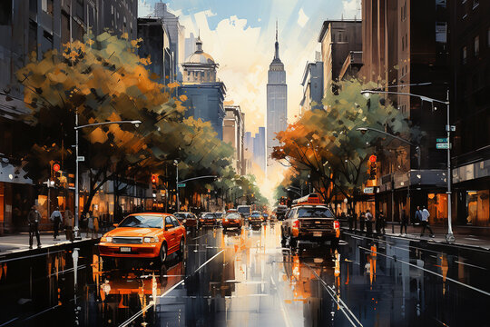 Oil painting of street in New York, Generative AI